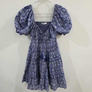 Zara Blogger Face Puff Sleeve Mini Dress Size Small Blue Floral Milkmaid Cottage